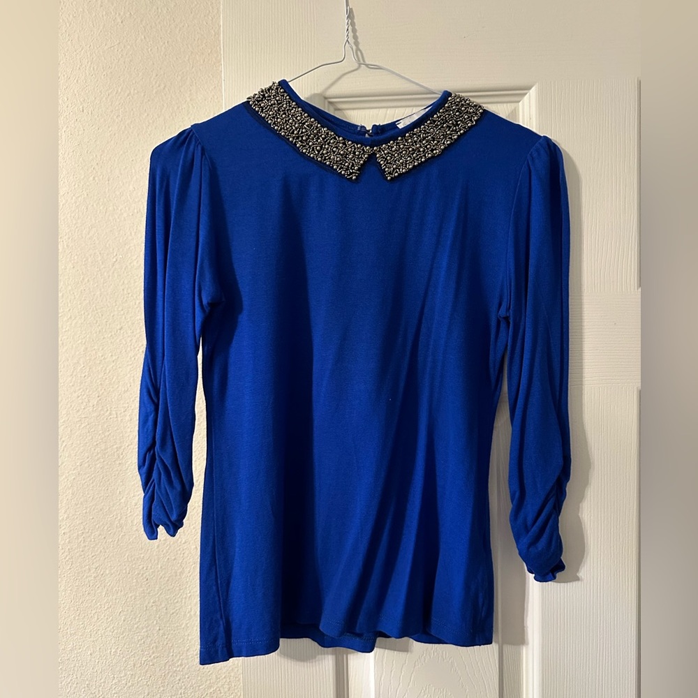 Blue top blouse business formal 3/4 sleeve